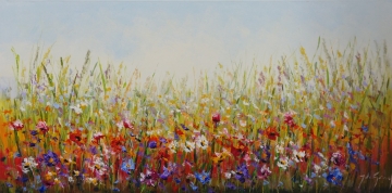 Schilderij kleurrijk bloemenveld 70x140