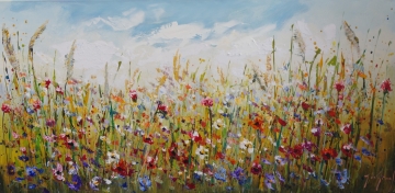 Schilderij kleurrijk bloemenveld 70x140