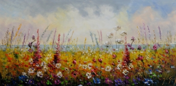 Schilderij bloemenveld 70x140