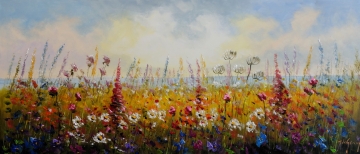Schilderij kleurrijk bloemenveld 70x160