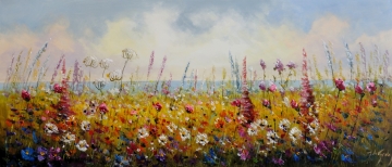 Schilderij kleurrijk bloemenveld 70x160