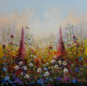 Schilderij bloemenveld 100x100