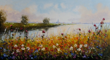 Schilderij bloemenveld 100x180