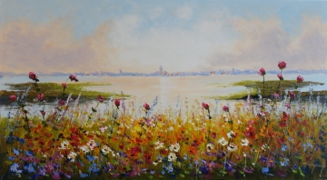 Schilderij bloemenveld 100x180