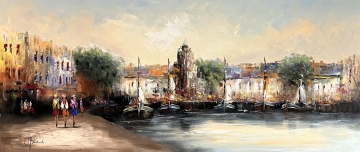 Schilderij havengezicht 70x160
