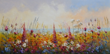 Schilderij bloemenveld 70x140