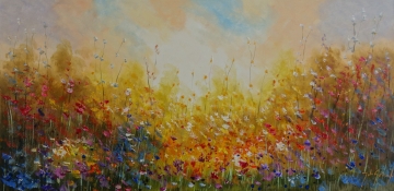Schilderij kleurrijk bloemenveld 70x140