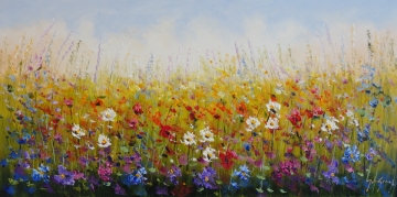 Schilderij kleurrijk bloemenveld 70x140