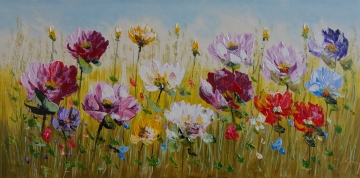 Schilderij kleurrijk bloemenveld 70x140
