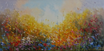 Schilderij kleurrijk bloemenveld 70x140