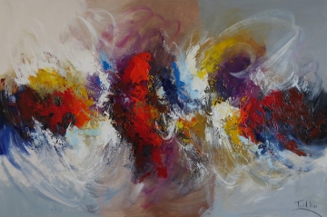 Dynamisch abstract schilderij met levendige rode, gele en blauwe tinten, sporen van verf in krachtige bewegingen.