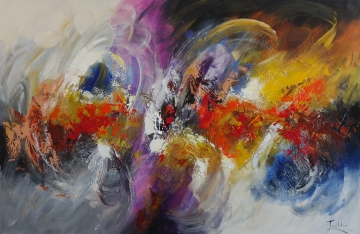 Abstract schilderij met dynamische rode en zwarte vlekken, omlijst door zachte beige en grijze tinten, met textuur en beweging.