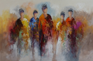 Vijf abstracte figuren in levendige tinten van geel, oranje en rood, tegen een zachte, lichte achtergrond.