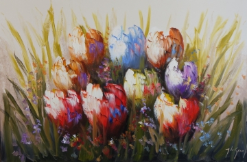 Kleurrijke, impressionistische bloemencompositie met tulpen in variaties van paars, rood, wit en groene bladeren op een neutrale achtergrond.