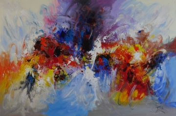 Abstract schilderij met opzwepende rode, gouden en witte vlekken op een lichte achtergrond, met dynamische penseelstreken.