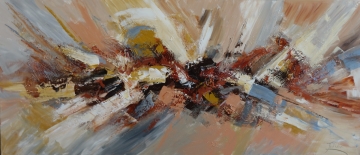 Abstract schilderij met dynamische penseelstreken in grijs, wit, oranje en geel, met opvallende gouden lijnen.