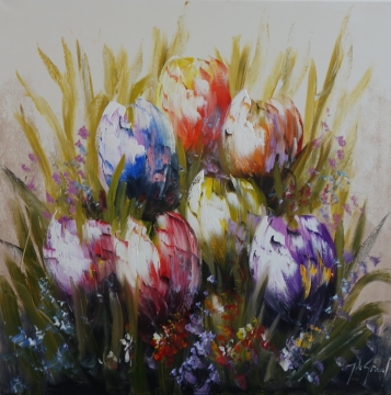 Kleurige tulpen in felrood, oranje, paars en wit, omgeven door groene bladeren en kleine bloemen, met dynamische penseelstreken.