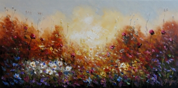 Schilderij kleurrijk bloemenveld 70x140