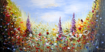 Schilderij kleurrijk bloemenveld 70x140