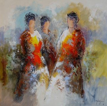 Vijf figuren in levendige, abstracte kleuren, gekleed in oranje, rood en geel, tegen een zachte, lichte achtergrond.
