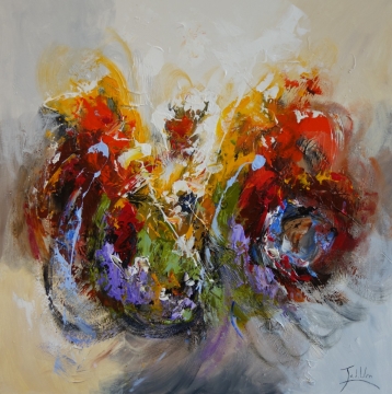 Kleurrijk abstract schilderij met vurige rode, gele en zwarte tinten op een lichte achtergrond, met dynamische textuur en beweging.