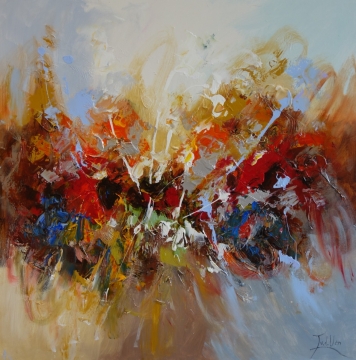 Abstract schilderij met levendige kleuren zoals diep paars, fel rood en helder oranje, met dynamische penseelstreken en texturen.