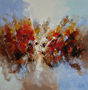 Abstract schilderij met warme bruintinten, gele accenten en een structuur van dikke penseelstreken op een lichte achtergrond.