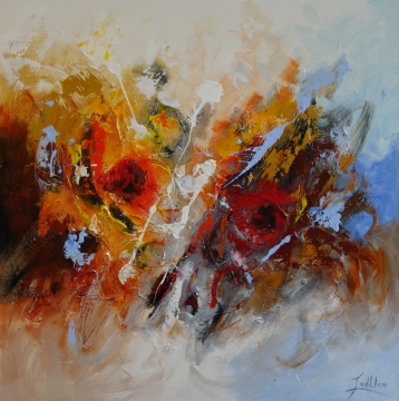 Kleurrijke abstracte schildering met dynamische spiralen van rood, blauw, geel en groen op een lichte achtergrond.