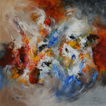 Kleurrijke abstracte schilderij met dominantie van fel rood, oranje en blauw, op een lichte achtergrond met zachte texturen.