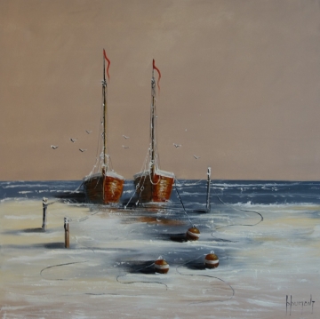 Schilderij boten aan zee 100x100