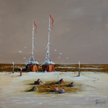 Schilderij boten aan zee 70x70