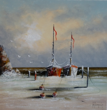 Schilderij boten aan zee 60x60