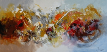 Abstracte compositie met levendige rood, geel en zwart op een lichte achtergrond, met dynamische penseelstreken en textuur.