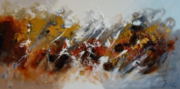 Abstract schilderij met levendige kleuren zoals geel, rood en groen, met dynamische, vloeiende lijnen en textuur.