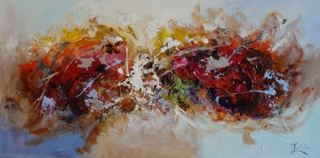 Abstracte verfconstructie met levendige oranje, zwart en groene tinten die chaotische vormen en texturen creëren.
