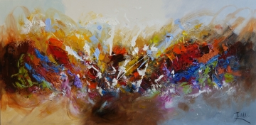 Abstracte schilderij met levendige kleuren zoals rood, geel, en zwart, met dynamische texturen en een energieke compositie.
