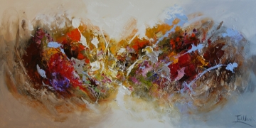 Abstract schilderij met felle kleuren zoals rood, geel en paars, toont dynamische bewegingen en golvende lijnen op een donkere achtergrond.
