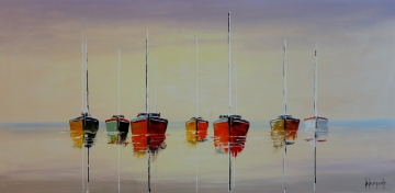 Schilderij boten aan zee 70x140