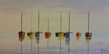 Schilderij boten aan zee 70x140