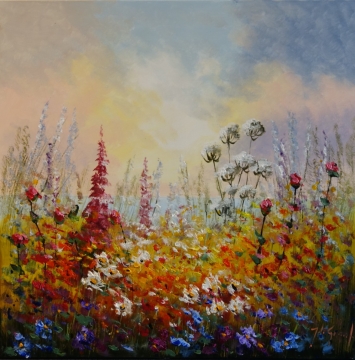 Schilderij bloemenveld 100x100
