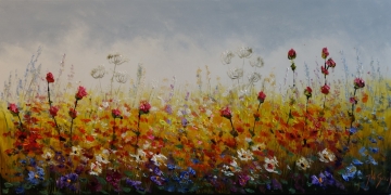 Schilderij kleurrijk bloemenveld 70x140