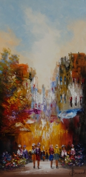 Drie mensen in kleurrijke kleding wandelen door een levendige straat met bloemen en parasols onder een gouden hemel.