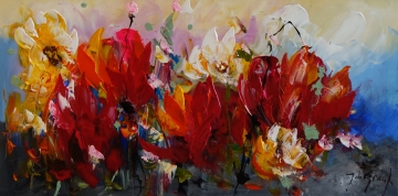 Kleurrijk veld met diverse bloemen en gras, in levendige tinten zoals paars, geel en groen, tegen een lichte achtergrond.