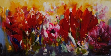 Kleurige wilde bloemen en gras in een impressionistische stijl met heldere tinten roze, geel en groen op een lichte achtergrond.