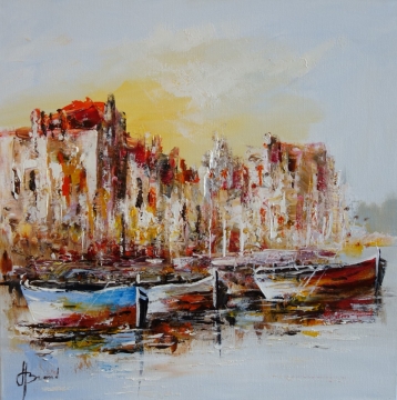 Kleurrijk schilderij van een levendige straat met mensen in traditionele kleding, omringd door bloemen en marktkramen.