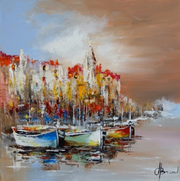 Drukke stadscène met kleurrijke figuren in levendige kleding, omringd door abstracte gebouwen en een zachte lucht.