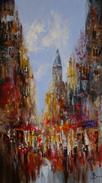 Drukke straatscène met kleurrijke gebouwen, bloemenkramen en mensen in levendige kleding onder een heldere lucht.