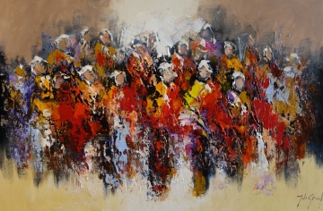 Vijf abstracte figuren in levendige kleuren zoals rood, geel en paars, met een dromerige, impressionistische achtergrond.