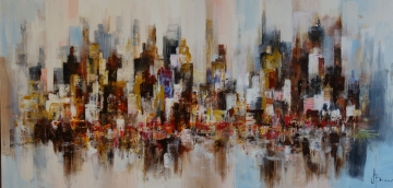 Drukke straat met vrolijk geklede mensen, kleurrijke parasols en bloemen in een impressionistisch landschap.