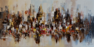 Drukke straat met vrolijk geklede mensen, kleurrijke parasols en bloemen in een impressionistisch landschap.